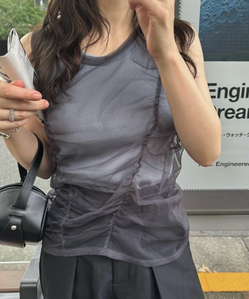 WILLFULLY(ウィルフリー)の「gather tulle layered rib tank(タンクトップ・レディース・ホワイト/ブルー系その他/チャコール・FREE)」の3枚目の写真