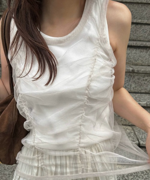 WILLFULLY(ウィルフリー)の「gather tulle layered rib tank(タンクトップ・レディース・ホワイト/ブルー系その他/チャコール・FREE)」の2枚目の写真