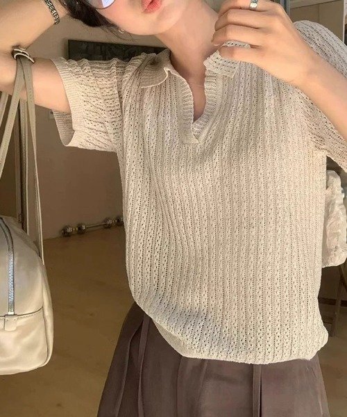Girly Doll(ガーリードール)の「ポロカラー半袖リブニット(ニット/セーター・レディース・ライトブルー/ライトグレー/ベージュ/オフホワイト/ブラック・FREE)」の21枚目の写真