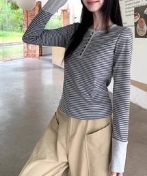 配色カフスヘンリーネックロンT 細ストライプスリムクロップドトップス