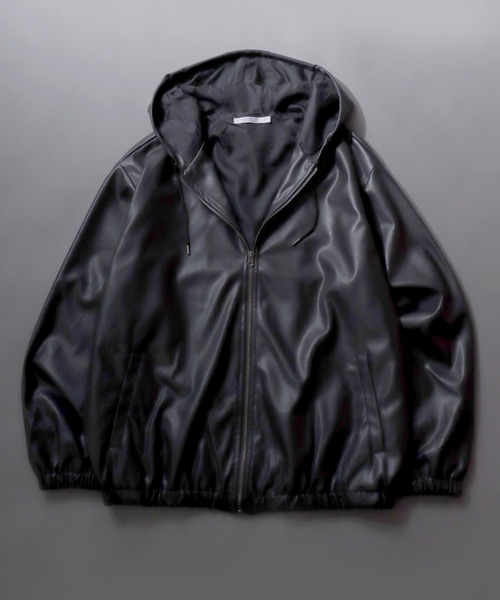 SITRY(シトリー)の「Synthetic Leather Zip Hoodie/フェイクレザー ブルゾン ジップパーカー フーディー(ブルゾン・メンズ・ブラック/チャコール・M/L/LL)」の2枚目の写真