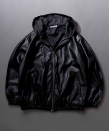 Synthetic Leather Zip Hoodie/フェイクレザー ブルゾン ジップパーカー フーディー