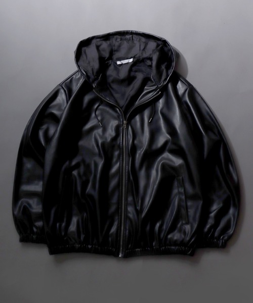 SITRY(シトリー)の「Synthetic Leather Zip Hoodie/フェイクレザー ブルゾン ジップパーカー フーディー(ブルゾン・メンズ・ブラック/チャコール・M/L/LL)」の1枚目の写真