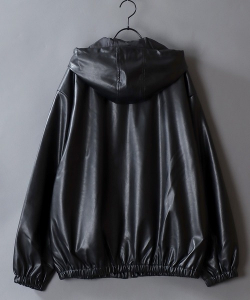SITRY(シトリー)の「Synthetic Leather Zip Hoodie/フェイクレザー ブルゾン ジップパーカー フーディー(ブルゾン・メンズ・ブラック/チャコール・M/L/LL)」の5枚目の写真