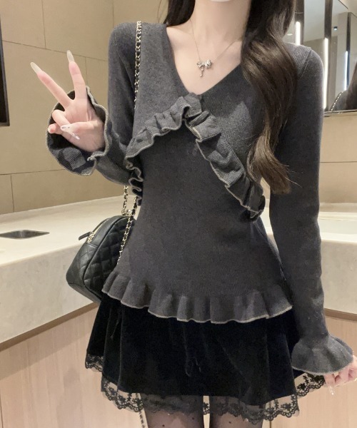 LUCPY（ラクピー）の「フリルリボンVネックリブニットトップス（その他トップス・レディース・アイボリー/イエロー/グレー/ホワイト・FREE）」の3枚目の写真