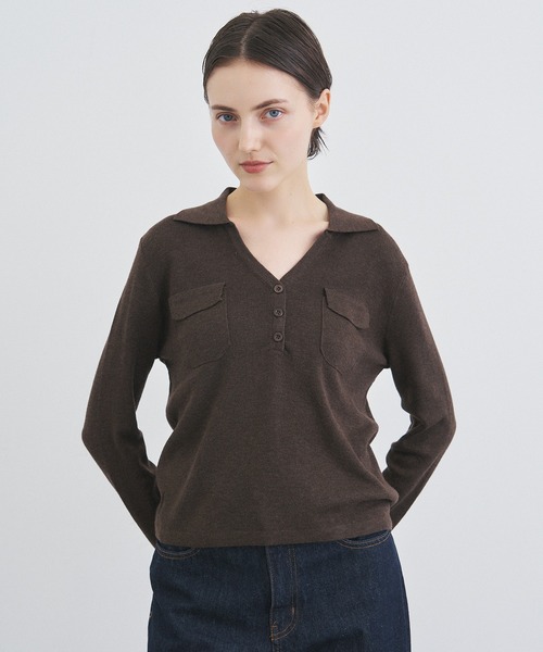 ALLURELLE(アリュレル)の「【ALLURELLE】Vネックポロニット SNF(ニット/セーター・レディース・ダークブラウン/ブラック/チャコールグレー・FREE)」の10枚目の写真