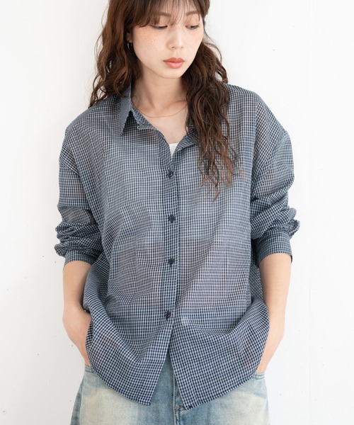 bashful base Oriental(バッシュフルベースオリエンタル)の「【bbO】ルーズシアーチェックシャツ(シャツ/ブラウス・レディース・ネイビー/アイボリー/ブルー・FREE)」の2枚目の写真