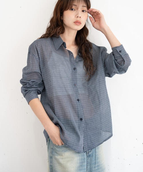 bashful base Oriental(バッシュフルベースオリエンタル)の「【bbO】ルーズシアーチェックシャツ(シャツ/ブラウス・レディース・ネイビー/アイボリー/ブルー・FREE)」の7枚目の写真