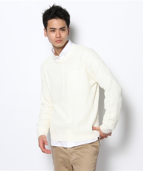 WHO'S WHO gallery（フーズフーギャラリー）の「畦編みクルー（ニット/セーター・メンズ・ホワイト/グリーン/ブラック/マルチ・MEDIUM/LARGE）」の2枚目の写真