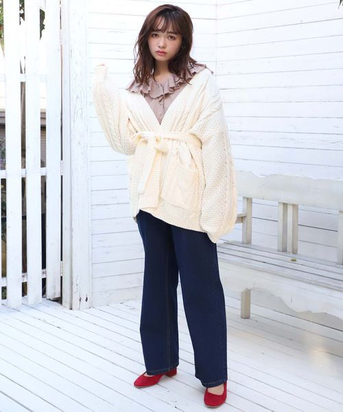 one after another NICE CLAUP(ワンアフターアナザーナイスクラップ)の「ざっくりゆるケーブルカーディガン(カーディガン/ボレロ・レディース・アイボリー/グレイッシュベージュ/ピンク系その他・FREE)」の7枚目の写真