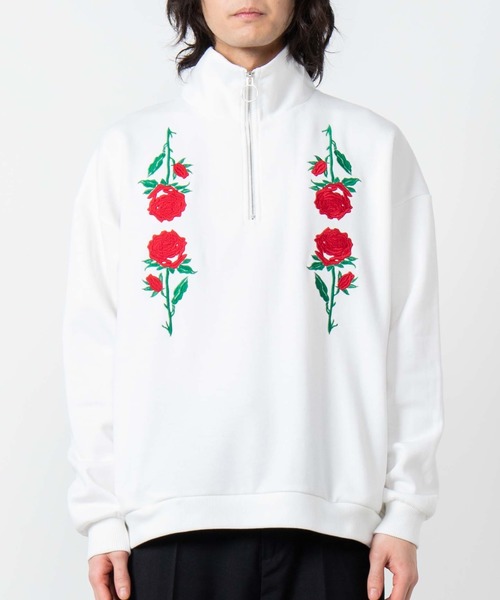 WEGO（ウィゴー）の「WEGO/ローズ刺繍ハーフジップビッグシルエットプルオーバー（スウェット・メンズ・ホワイト/ブラック・MEDIUM/LARGE）」の13枚目の写真
