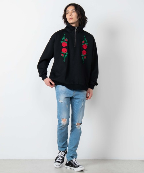 WEGO（ウィゴー）の「WEGO/ローズ刺繍ハーフジップビッグシルエットプルオーバー（スウェット・メンズ・ホワイト/ブラック・MEDIUM/LARGE）」の6枚目の写真