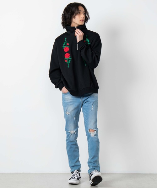 WEGO（ウィゴー）の「WEGO/ローズ刺繍ハーフジップビッグシルエットプルオーバー（スウェット・メンズ・ホワイト/ブラック・MEDIUM/LARGE）」の8枚目の写真