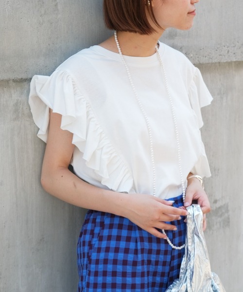 CIAOPANIC TYPY(チャオパニックティピー)の「【ZOZOTOWN限定】フリルスリーブTee(Tシャツ/カットソー・レディース・ホワイト/グリーン/サックスブルー/ブラック・ONE SIZE)」の2枚目の写真