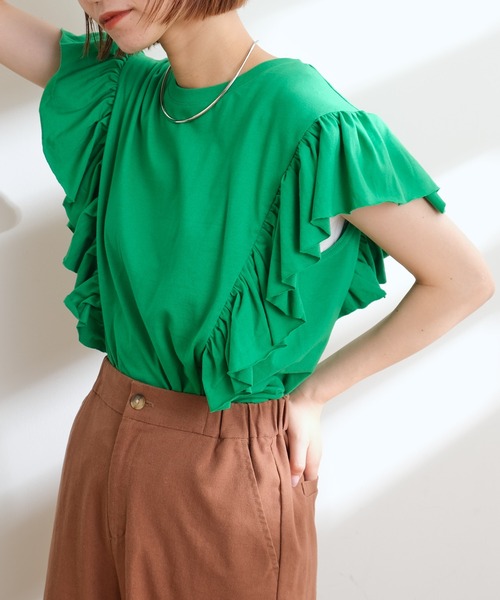 CIAOPANIC TYPY(チャオパニックティピー)の「【ZOZOTOWN限定】フリルスリーブTee(Tシャツ/カットソー・レディース・ホワイト/グリーン/サックスブルー/ブラック・ONE SIZE)」の4枚目の写真