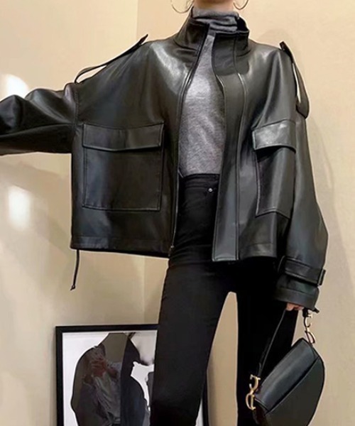 Futier land（フューティアランド）の「BIGポケットスタンドカラーライダース（ライダースジャケット・レディース・ブラック/ベージュ・MEDIUM）」の2枚目の写真