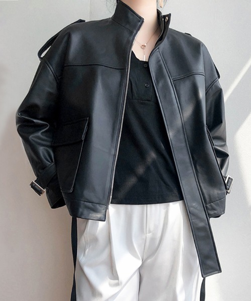 Futier land（フューティアランド）の「BIGポケットスタンドカラーライダース（ライダースジャケット・レディース・ブラック/ベージュ・MEDIUM）」の17枚目の写真