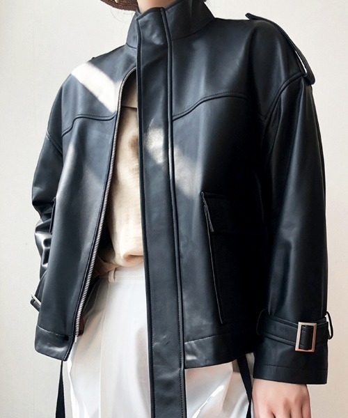 Futier land（フューティアランド）の「BIGポケットスタンドカラーライダース（ライダースジャケット・レディース・ブラック/ベージュ・MEDIUM）」の10枚目の写真