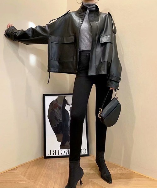 Futier land（フューティアランド）の「BIGポケットスタンドカラーライダース（ライダースジャケット・レディース・ブラック/ベージュ・MEDIUM）」の21枚目の写真