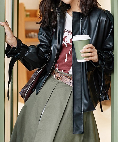 Futier land（フューティアランド）の「BIGポケットスタンドカラーライダース（ライダースジャケット・レディース・ブラック/ベージュ・MEDIUM）」の18枚目の写真