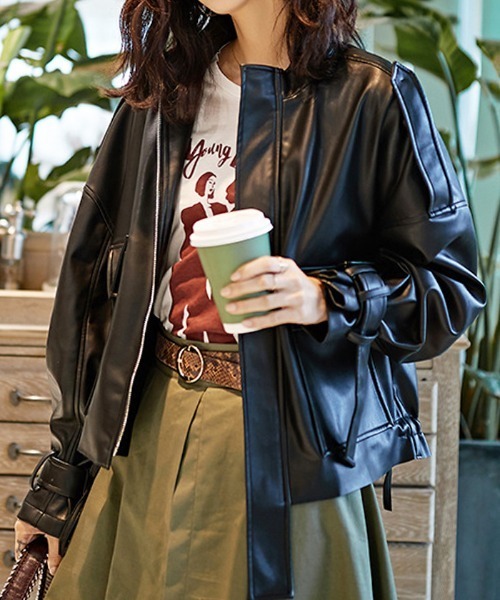 Futier land（フューティアランド）の「BIGポケットスタンドカラーライダース（ライダースジャケット・レディース・ブラック/ベージュ・MEDIUM）」の7枚目の写真