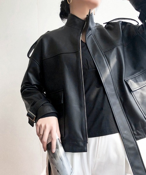 Futier land（フューティアランド）の「BIGポケットスタンドカラーライダース（ライダースジャケット・レディース・ブラック/ベージュ・MEDIUM）」の22枚目の写真