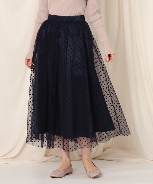 couture brooch（クチュールブローチ）の「◆【春まで使える♪】ドットチュールギャザースカート（スカート・レディース・ブラック系2/ネイビー系2/ベージュ系2・38/36/42）」の4枚目の写真