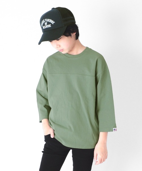 GLAZOS（グラソス）の「天竺・USAコットン ドロップショルダーフットボール7分袖Tシャツ（Tシャツ/カットソー・キッズ・イエロー/カーキ/チャコールグレー・130cm/140cm/150cm/160cm/170cm）」の3枚目の写真