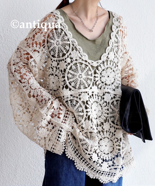 美品45R リネン100% レース 透かし編み プルオーバーカットソー Tシャツ tx40401.jpg