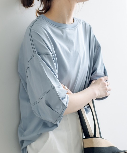 PUAL CE CIN(ピュアルセシン)の「シルケット配色ステッチTシャツ(Tシャツ/カットソー・レディース・チャコールグレー/ベージュ/サックスブルー/アイボリー・FREE)」の4枚目の写真