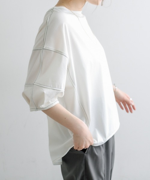 PUAL CE CIN(ピュアルセシン)の「シルケット配色ステッチTシャツ(Tシャツ/カットソー・レディース・チャコールグレー/ベージュ/サックスブルー/アイボリー・FREE)」の1枚目の写真