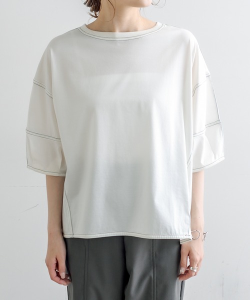 PUAL CE CIN(ピュアルセシン)の「シルケット配色ステッチTシャツ(Tシャツ/カットソー・レディース・チャコールグレー/ベージュ/サックスブルー/アイボリー・FREE)」の19枚目の写真