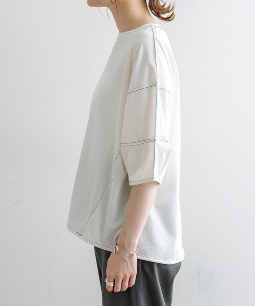 PUAL CE CIN(ピュアルセシン)の「シルケット配色ステッチTシャツ(Tシャツ/カットソー・レディース・チャコールグレー/ベージュ/サックスブルー/アイボリー・FREE)」の20枚目の写真