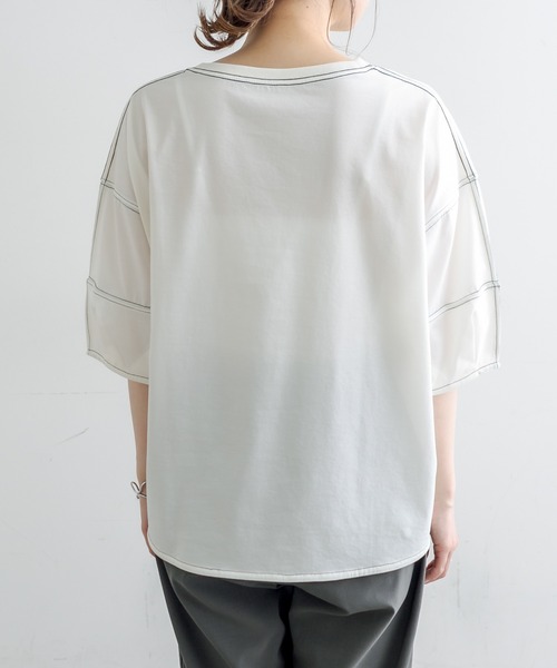 PUAL CE CIN(ピュアルセシン)の「シルケット配色ステッチTシャツ(Tシャツ/カットソー・レディース・チャコールグレー/ベージュ/サックスブルー/アイボリー・FREE)」の21枚目の写真