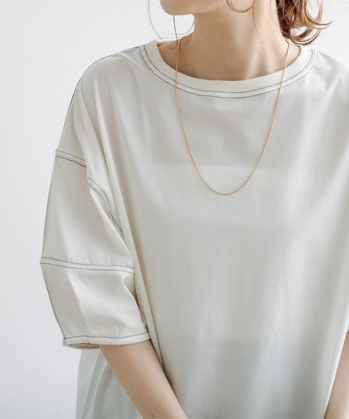PUAL CE CIN(ピュアルセシン)の「シルケット配色ステッチTシャツ(Tシャツ/カットソー・レディース・チャコールグレー/ベージュ/サックスブルー/アイボリー・FREE)」の5枚目の写真