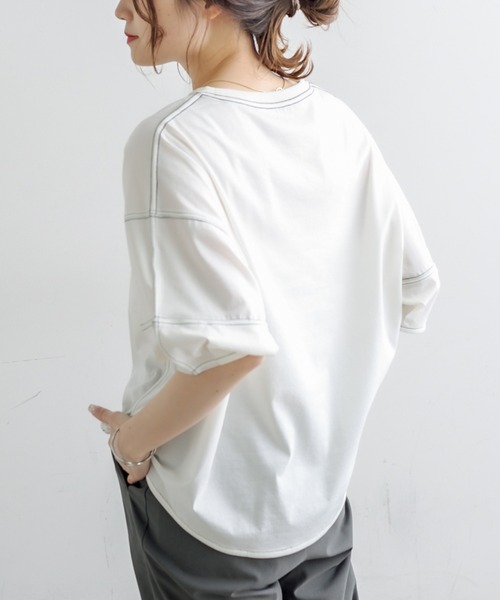 PUAL CE CIN(ピュアルセシン)の「シルケット配色ステッチTシャツ(Tシャツ/カットソー・レディース・チャコールグレー/ベージュ/サックスブルー/アイボリー・FREE)」の7枚目の写真