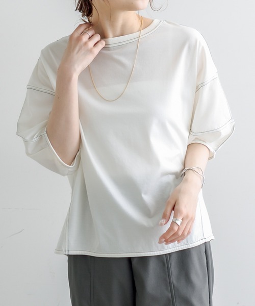 PUAL CE CIN(ピュアルセシン)の「シルケット配色ステッチTシャツ(Tシャツ/カットソー・レディース・チャコールグレー/ベージュ/サックスブルー/アイボリー・FREE)」の6枚目の写真
