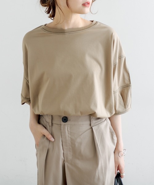 PUAL CE CIN(ピュアルセシン)の「シルケット配色ステッチTシャツ(Tシャツ/カットソー・レディース・チャコールグレー/ベージュ/サックスブルー/アイボリー・FREE)」の8枚目の写真