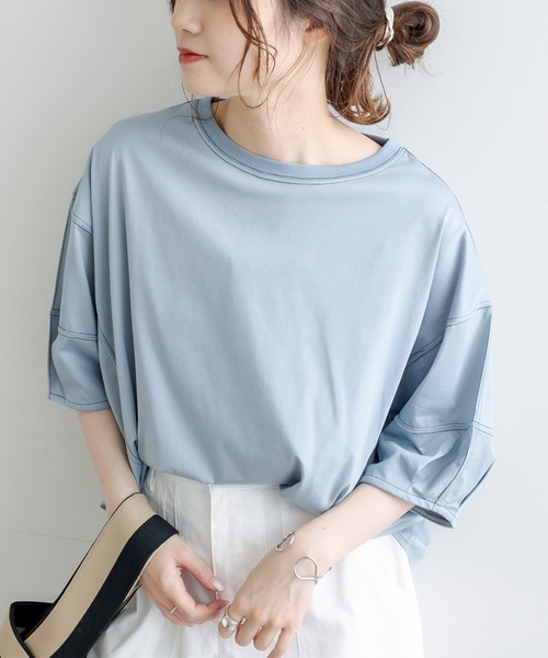 PUAL CE CIN(ピュアルセシン)の「シルケット配色ステッチTシャツ(Tシャツ/カットソー・レディース・チャコールグレー/ベージュ/サックスブルー/アイボリー・FREE)」の12枚目の写真