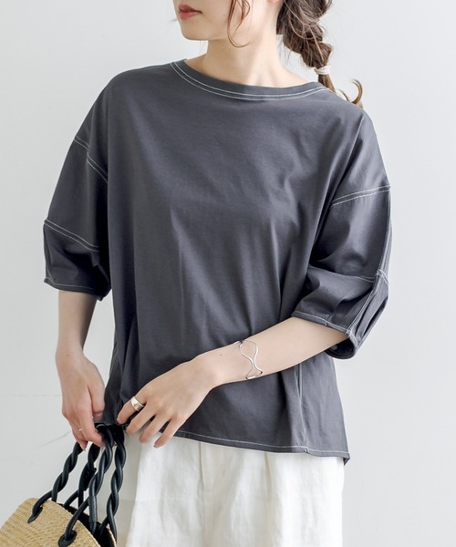 PUAL CE CIN(ピュアルセシン)の「シルケット配色ステッチTシャツ(Tシャツ/カットソー・レディース・チャコールグレー/ベージュ/サックスブルー/アイボリー・FREE)」の15枚目の写真