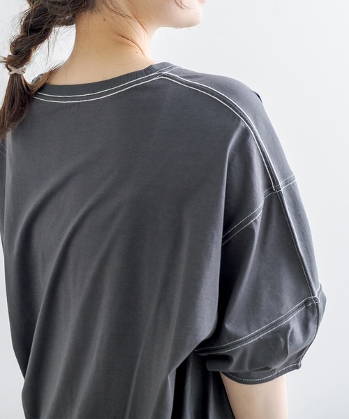 PUAL CE CIN(ピュアルセシン)の「シルケット配色ステッチTシャツ(Tシャツ/カットソー・レディース・チャコールグレー/ベージュ/サックスブルー/アイボリー・FREE)」の16枚目の写真