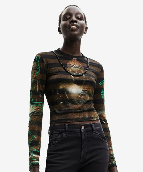 Desigual(デシグアル)の「Oriental Buddha Stripe Long Sleeve Tee / オリエンタルブッダストライプロングスリーブティー(Tシャツ/カットソー・レディース・ブラック・L/XL/M/S/XS)」の3枚目の写真