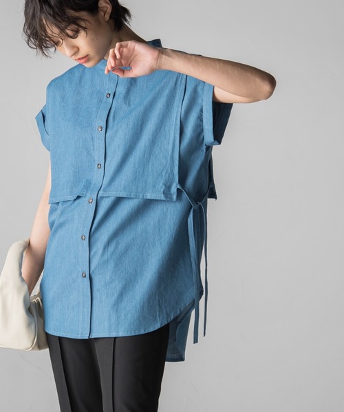 socolla(ソコラ)の「【socolla】デニムレイヤードバンドカラーシャツ(シャツ/ブラウス・レディース・ネイビー/ブルー・M)」の2枚目の写真