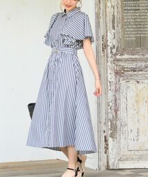 ベルト付きフレアー袖ワンピース