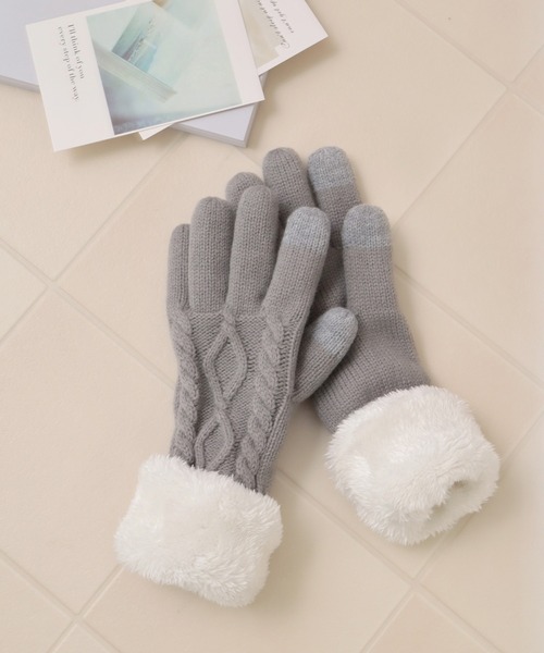 Honeys（ハニーズ）の「ボア付折返しケーブル手袋（手袋・レディース・杢グレー/アイボリー/ネイビー・FREE）」の3枚目の写真