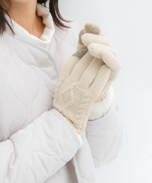 Honeys（ハニーズ）の「ボア付折返しケーブル手袋（手袋・レディース・杢グレー/アイボリー/ネイビー・FREE）」の2枚目の写真
