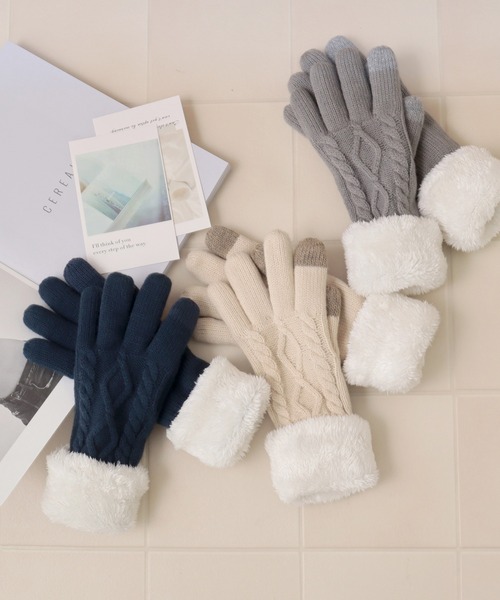Honeys（ハニーズ）の「ボア付折返しケーブル手袋（手袋・レディース・杢グレー/アイボリー/ネイビー・FREE）」の16枚目の写真