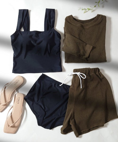 OSYAREVO(オシャレボ)の「水着 レディース 体型カバー ラッシュガード 4点セット タンキニ フィットネス 水陸両用 ビキニ ショートパンツ セットアップ セパレート(水着・レディース・グレー/カーキ/ベージュ/ブルー/ブラウン/ブラック/グレー系その他/ブルー系その他/ベージュ系その他/カーキ系/ブラウン系その他/ホワイト/ネイビー/レンガ/ミント/モカ・MEDIUM/X-LARGE/LARGE/SMALL/XX-LARGE)」の10枚目の写真