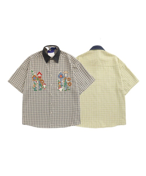 セール】【HOOK】レトロ調刺繍入りチェック柄半袖シャツ（シャツ