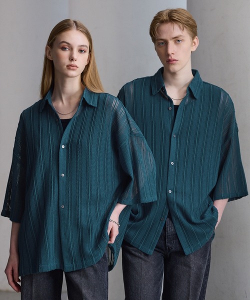 CLEL（クレイル）の「【CLEL】Loose Short Sleeves Lace Shirt/ルーズ 半袖レースシャツ（シャツ/ブラウス・メンズ・ホワイト/ブラック/モカ/ネイビー/ライトグレー/チャコールグレー/ダークグリーン/パープル/ダークブラウン/ワインレッド/グレー系/ブルー系/ブラック系・S/M/L/XS/XXS）」の11枚目の写真
